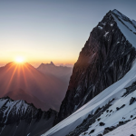 **

A breathtaking mountain landscape with a climber silhouetted against the setting sun. The overall mood should be inspirational and awe-inspiring, conveying the beauty and challenge of mountain climbing. The style should be realistic, like a still from a high-budget adventure film, perhaps reminiscent of "Everest" (2015).

**