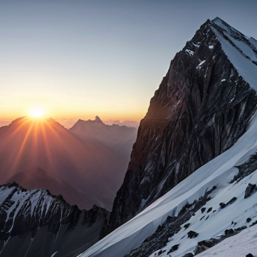 Home 4 **
A breathtaking mountain landscape with a climber silhouetted against the setting sun. The overall mood should be inspirational and awe-inspiring, conveying the beauty and challenge of mountain climbing. The style should be realistic, like a still from a high-budget adventure film, perhaps reminiscent of "Everest" (2015).
**