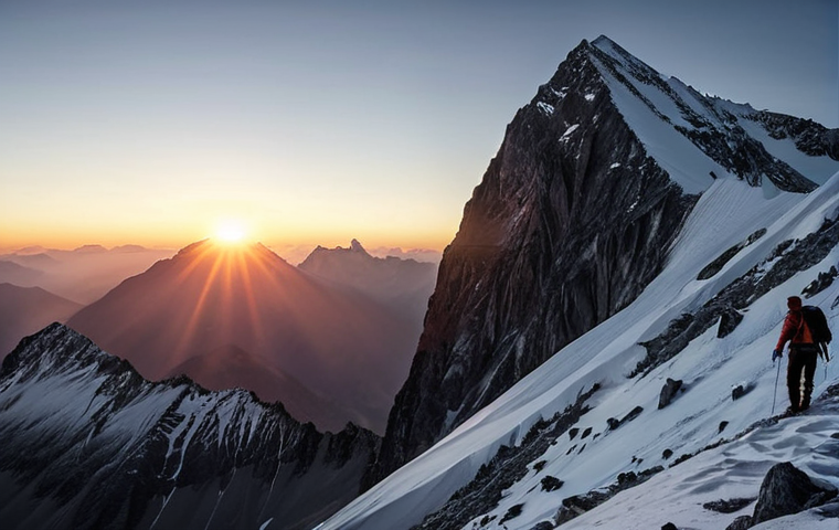 **

A breathtaking mountain landscape with a climber silhouetted against the setting sun. The overall mood should be inspirational and awe-inspiring, conveying the beauty and challenge of mountain climbing. The style should be realistic, like a still from a high-budget adventure film, perhaps reminiscent of "Everest" (2015).

**