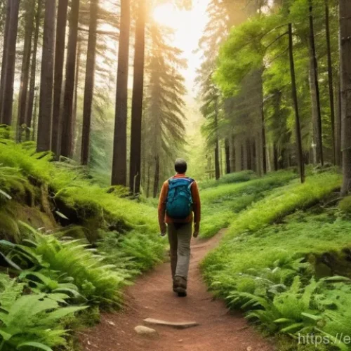 Home 16 등산과 환경 보존 활동 - **Prompt:** A serene, wide-angle shot of a lone hiker walking along a well-maintained, winding dirt ...