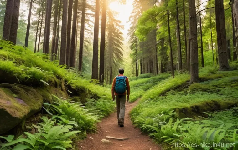 등산과 환경 보존 활동 - **Prompt:** A serene, wide-angle shot of a lone hiker walking along a well-maintained, winding dirt ...