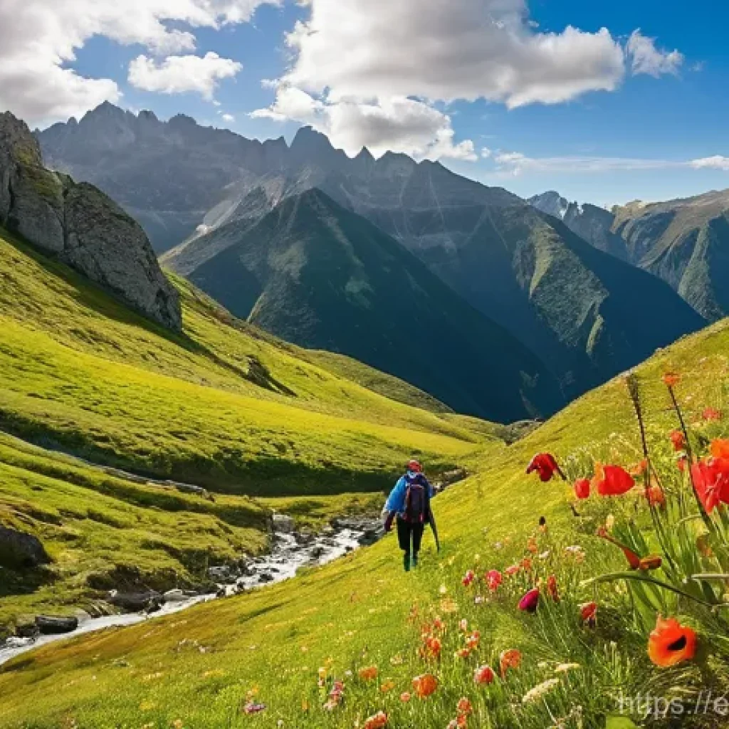 봄철 등산 추천 코스 - **Vibrant Spring Awakening on a Spanish Mountain Trail:** A breathtaking, wide-angle shot of a vibra...