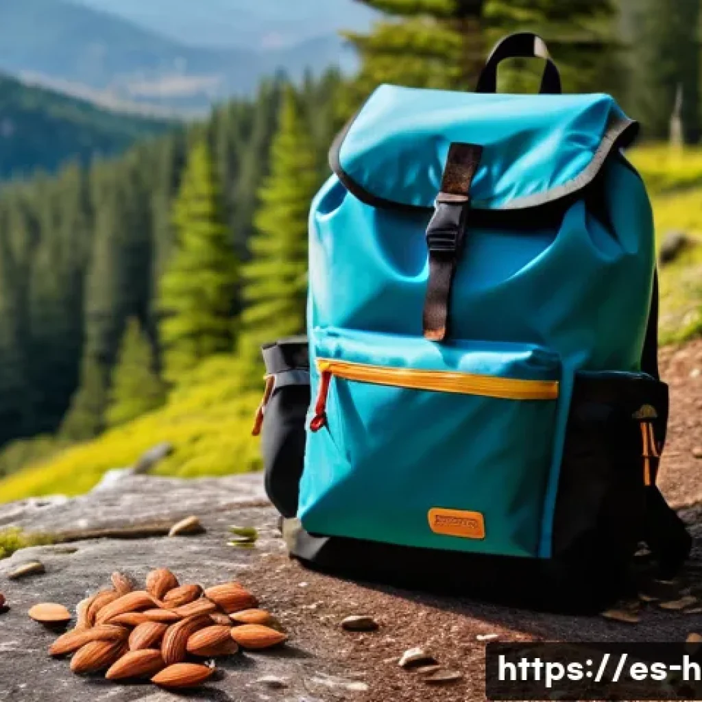등산 필수 간식 추천 - A detailed outdoor hiking scene featuring a lightweight backpack resting on a rocky trail surrounded...