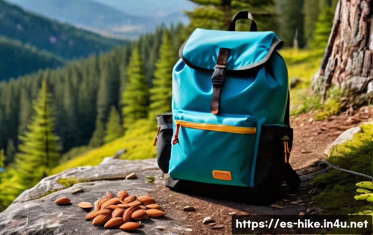 등산 필수 간식 추천 - A detailed outdoor hiking scene featuring a lightweight backpack resting on a rocky trail surrounded...