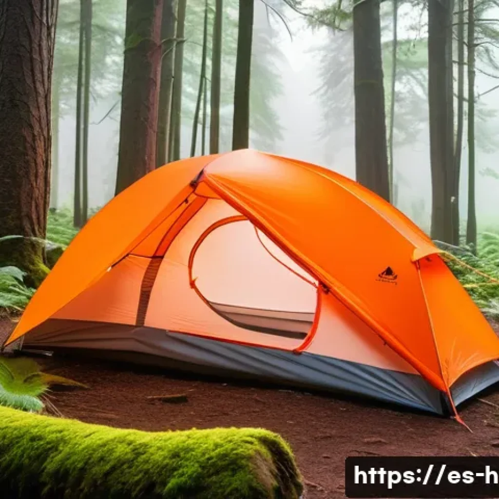 소형 텐트 추천 제품 - A compact ultralight hiking tent pitched in a lush green forest clearing during early morning mist, ...