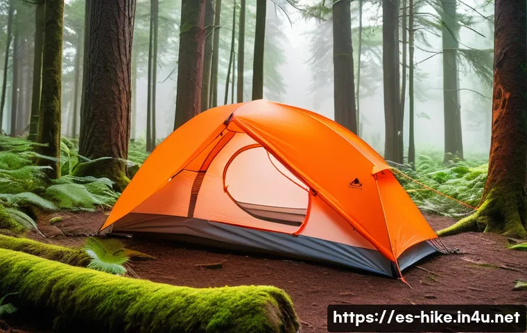 소형 텐트 추천 제품 - A compact ultralight hiking tent pitched in a lush green forest clearing during early morning mist, ...