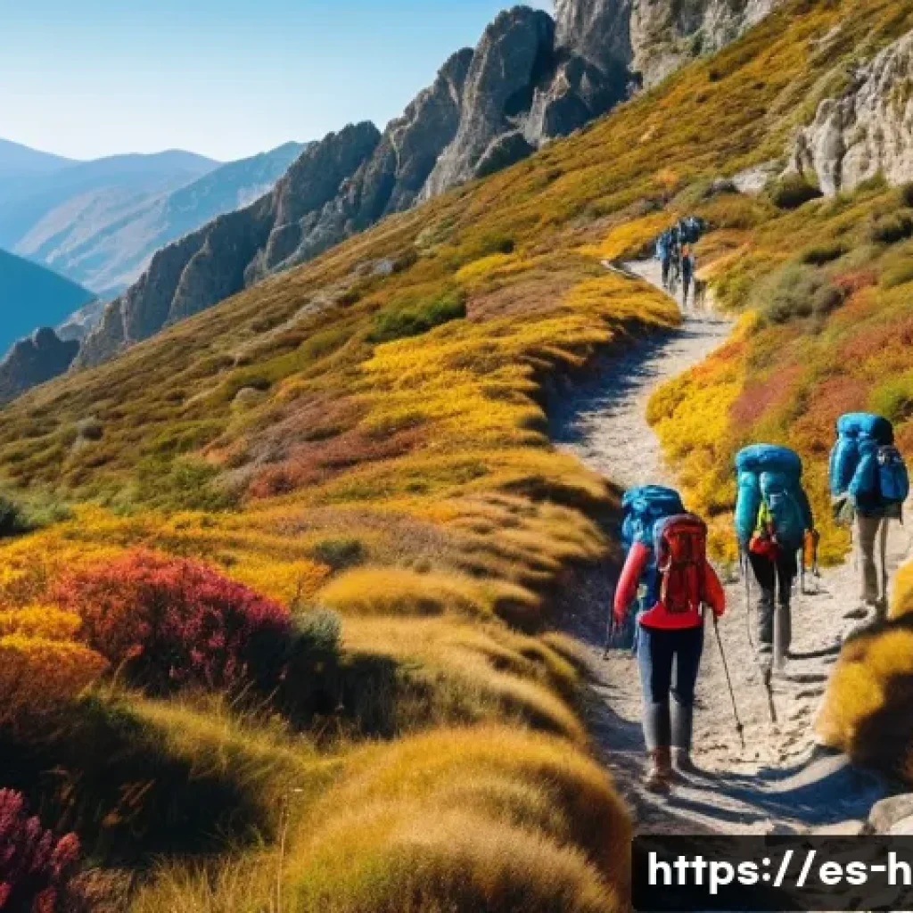 등산 필수 체크리스트 다운로드 - A group of hikers trekking through a lush mountainous trail in Spain during early autumn, wearing la...