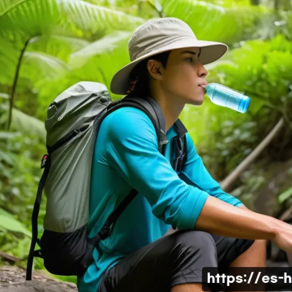 등산 중 적합한 물 섭취량 - A detailed outdoor hiking scene set in a warm, humid environment during midday. A young adult hiker,...