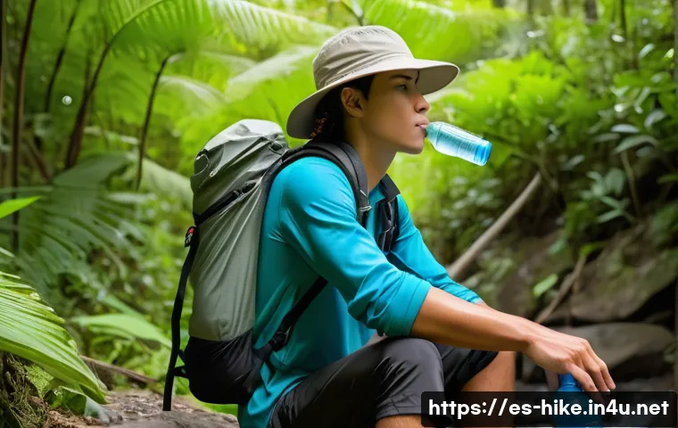 등산 중 적합한 물 섭취량 - A detailed outdoor hiking scene set in a warm, humid environment during midday. A young adult hiker,...
