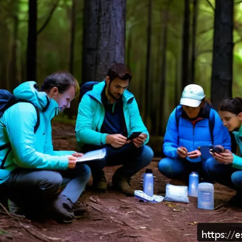 야간 등산 안전 팁 - A group of hikers preparing for a nighttime trek in a Spanish forest, wearing light-colored breathab...