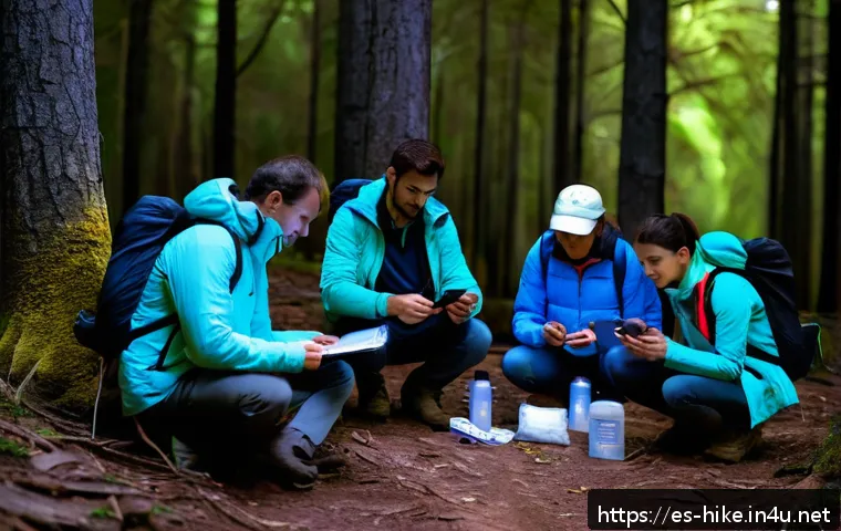 야간 등산 안전 팁 - A group of hikers preparing for a nighttime trek in a Spanish forest, wearing light-colored breathab...