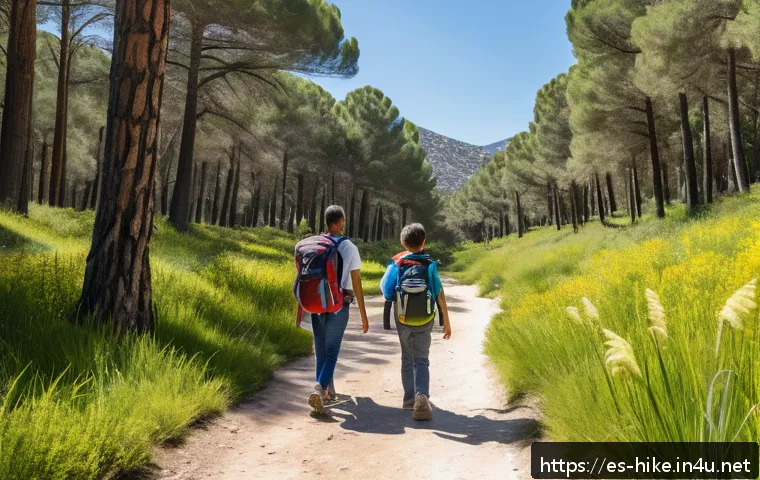 가족과 함께하는 등산 코스 추천 - A family hiking together on a flat, shaded trail in the Parque Natural de la Cuenca Alta del Manzana...