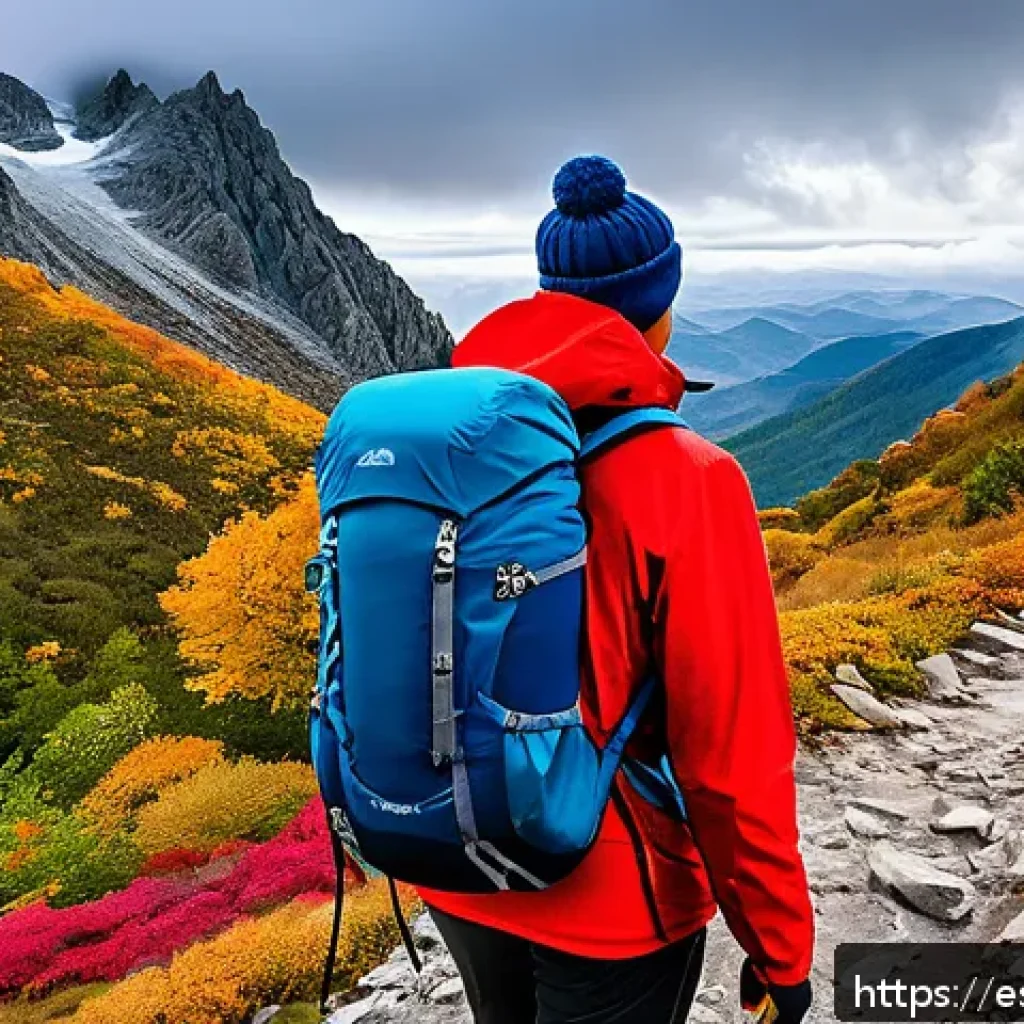 등산 중 감기 예방 노하우 - A detailed outdoor scene of a hiker preparing for a cold weather trek in a Spanish mountainous trail...