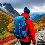 Home 20 등산 중 감기 예방 노하우 - A detailed outdoor scene of a hiker preparing for a cold weather trek in a Spanish mountainous trail...