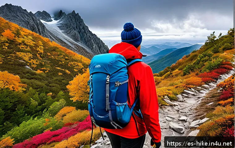 등산 중 감기 예방 노하우 - A detailed outdoor scene of a hiker preparing for a cold weather trek in a Spanish mountainous trail...