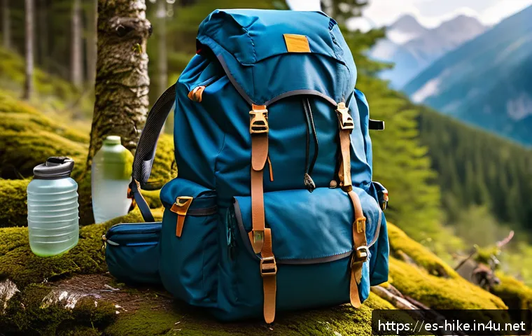 등산 배낭 꾸리기 팁 - A well-organized hiking backpack shown from a side view, packed with heavy items like a tent and coo...