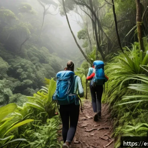 Home 30 등산 시 벌레 퇴치 스프레이 추천 - A detailed outdoor scene showing a group of hikers on a lush, humid tropical forest trail in Spain, ...
