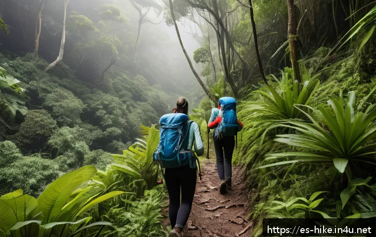 등산 시 벌레 퇴치 스프레이 추천 - A detailed outdoor scene showing a group of hikers on a lush, humid tropical forest trail in Spain, ...