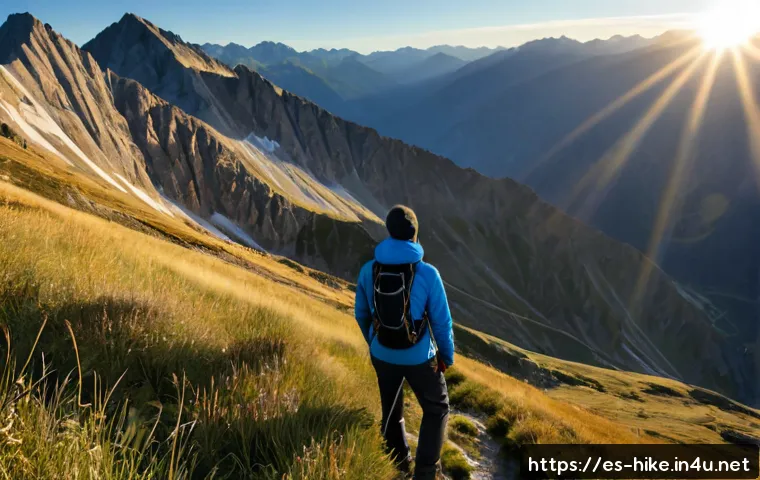 Home 17 등산 사진 촬영 팁 - Photorealistic sunrise mountain hiking scene in the Spanish Pyrenees, an adult hiker in practical ou...