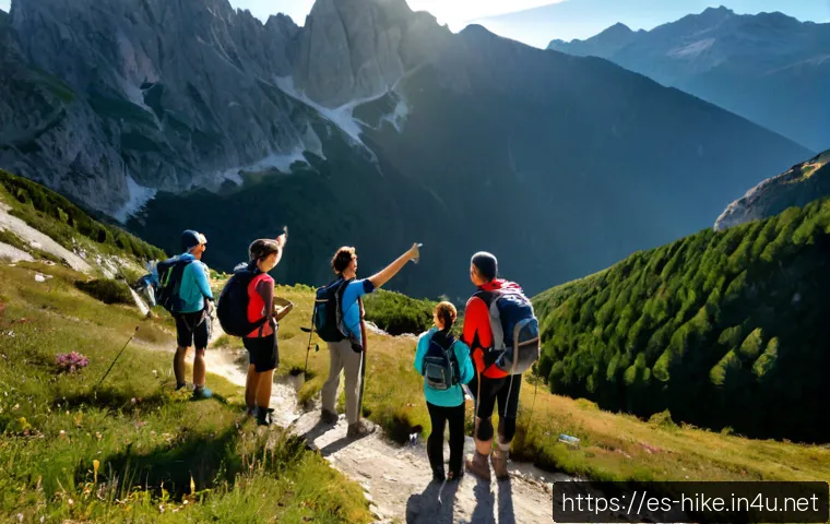 등산을 즐기는 사람들의 커뮤니티 - Photorealistic wide-angle scene of a diverse group of adult hikers enjoying a friendly mountain comm...